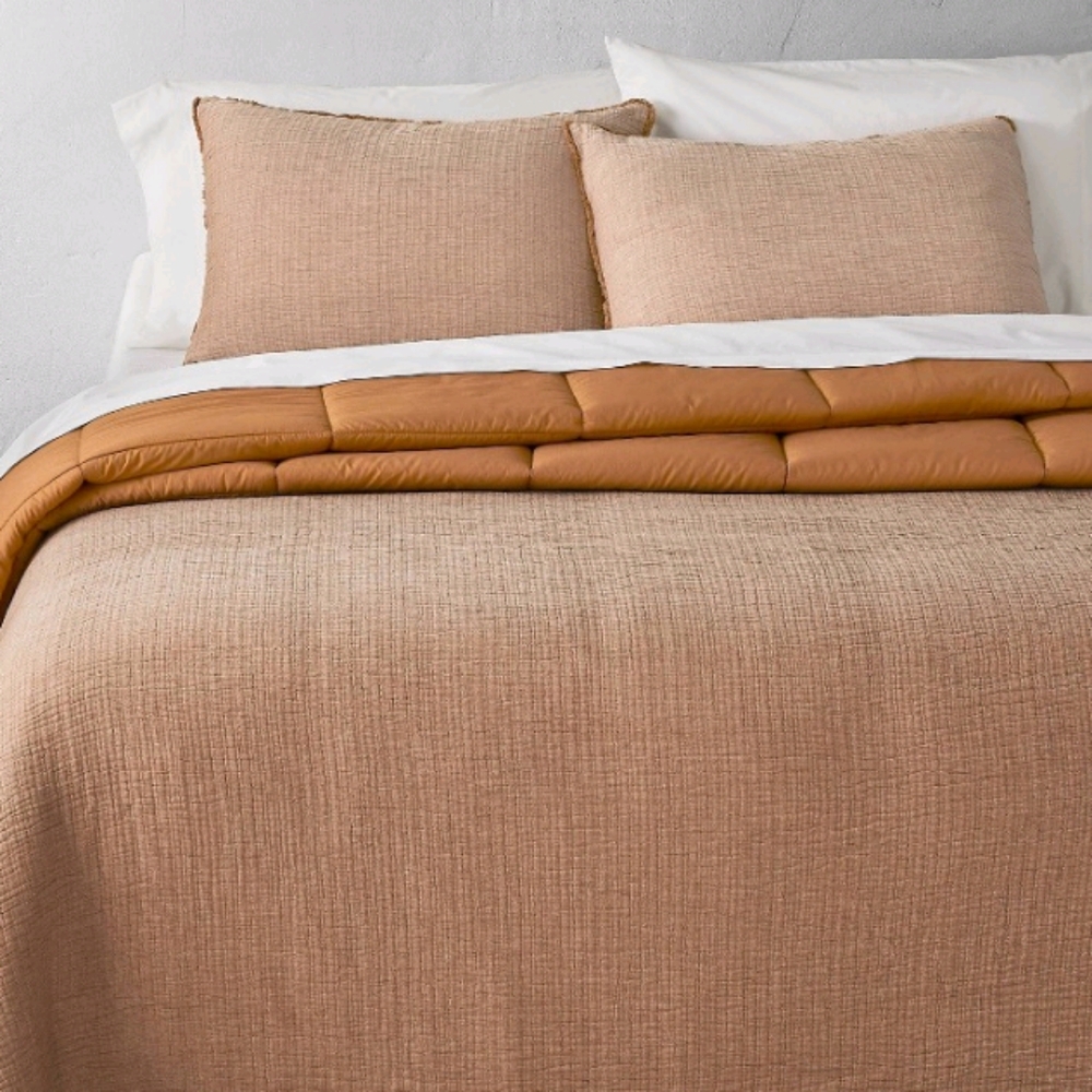 Casaluna Full/Queen Set Textured Cotton Chambray Comfort & Sham Warm Brown - Picture 1 of 7